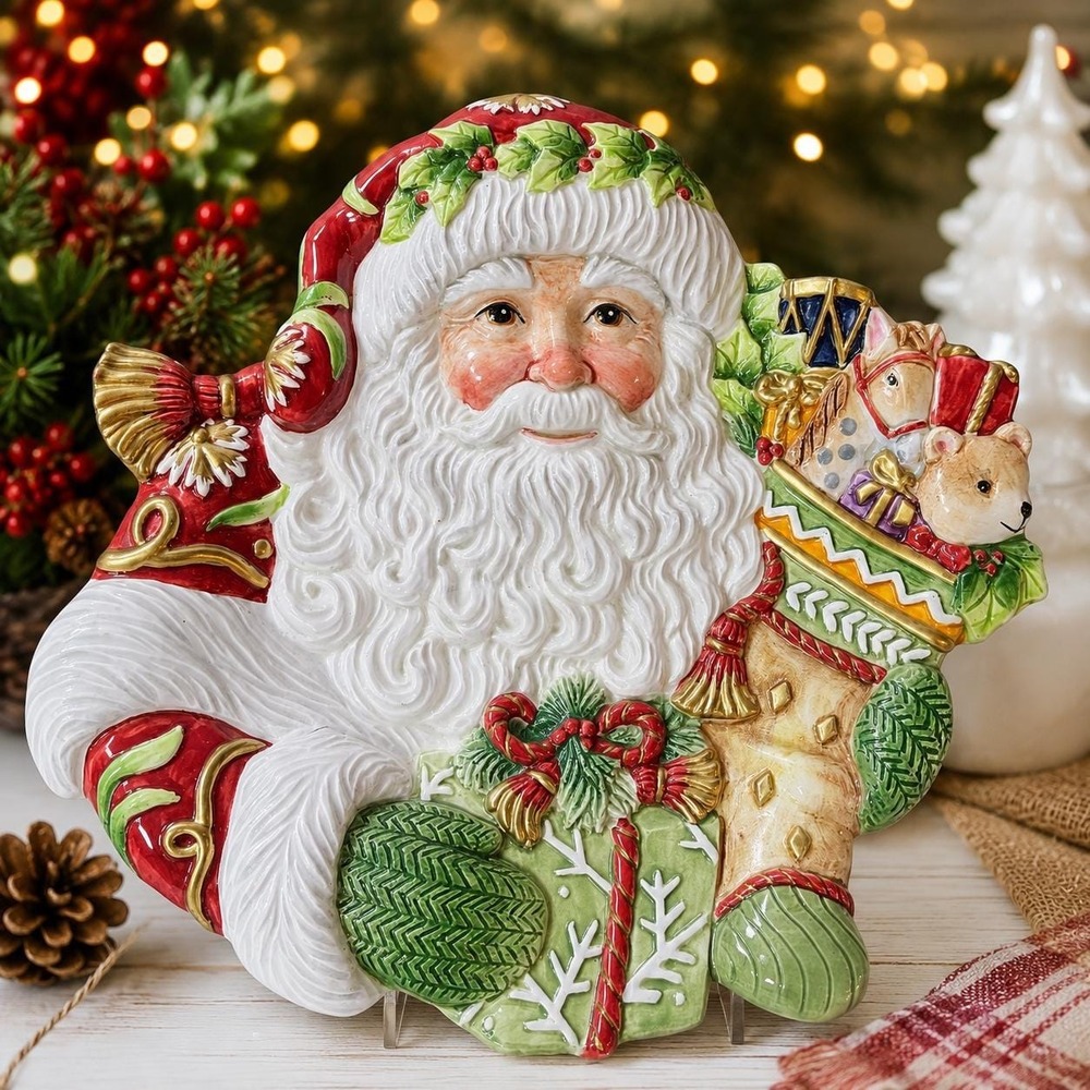 Vintage Fitz & Floyd Winter Holiday Santa Ceramic Platter Plate Christmas 10"